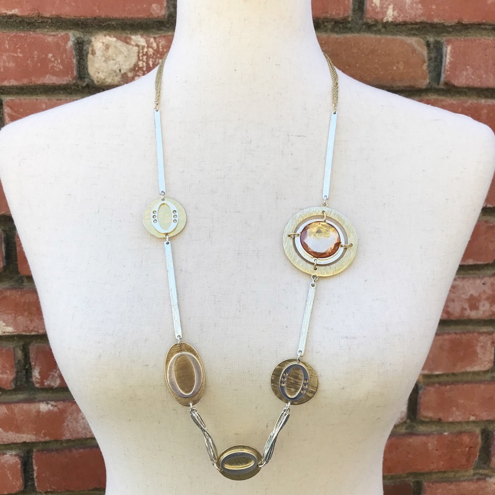 Chico's Two Tone Gold Silver Necklace Orange Gemstone Faux Topaz Long Length 32"